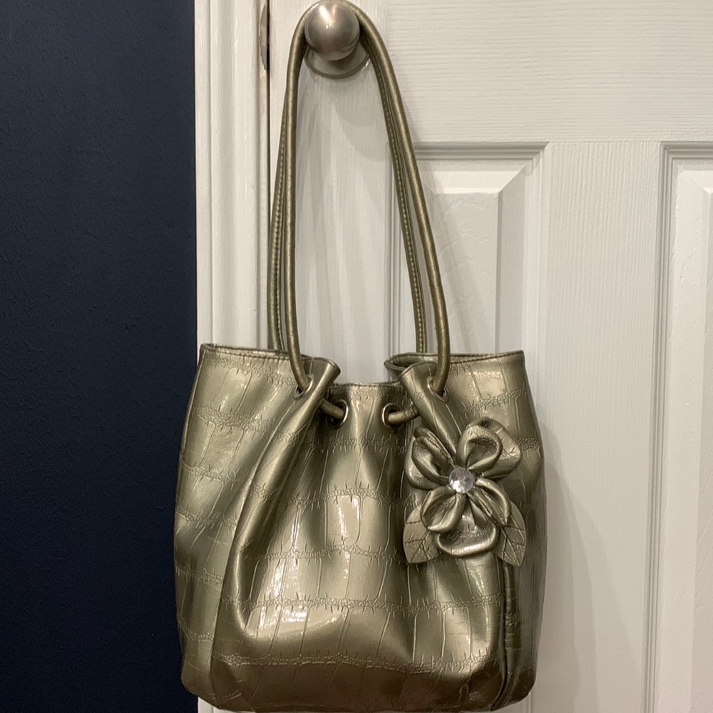 Gray Purse with Decorative Flower